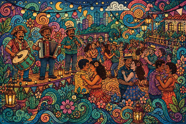 Ilustração de banda de forró pé de serra tocando enquanto casais dançam no baile