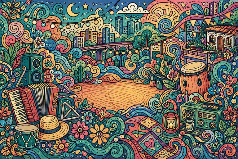 Ilustração colorida de uma pista de dança de forró vazia, cercada por sanfona, zabumba, triângulo, chapéu de palha, caixa de som, rádio antigo e lampião, com cidade, ponte e bandeirinhas ao fundo