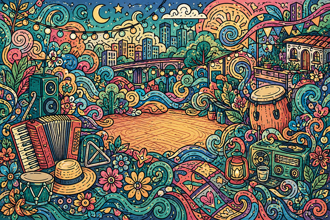 Ilustração colorida de uma pista de dança de forró vazia, cercada por sanfona, zabumba, triângulo, chapéu de palha, caixa de som, rádio antigo e lampião, com cidade, ponte e bandeirinhas ao fundo