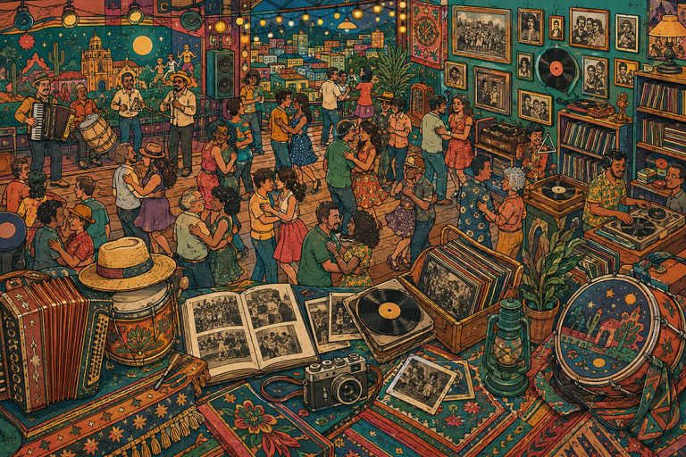 Ilustração de banda de forró tocando para jovens e idosos em uma casa com elementos da cultura do forró