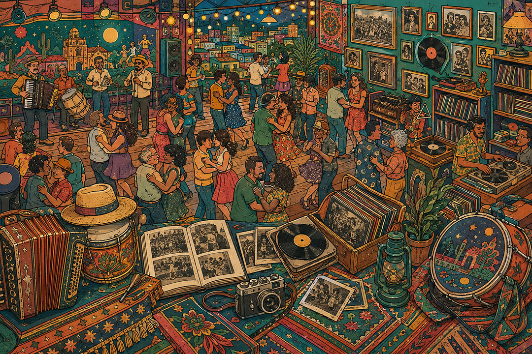 Ilustração de banda de forró tocando para jovens e idosos em uma casa com elementos da cultura do forró