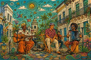 Ilustração de João Gomes, Mestrinho e Jota.pê sentados em uma praça
