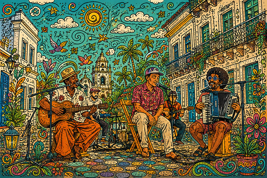Ilustração de João Gomes, Mestrinho e Jota.pê sentados em uma praça