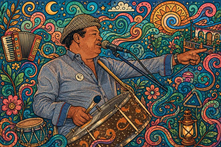 Ilustração de Dió de Araújo cantando ao microfone e tocando zabumba, de boina e camisa azul, apontando para o lado, cercado por sanfona, triângulo, lampião e flores em estilo colorido