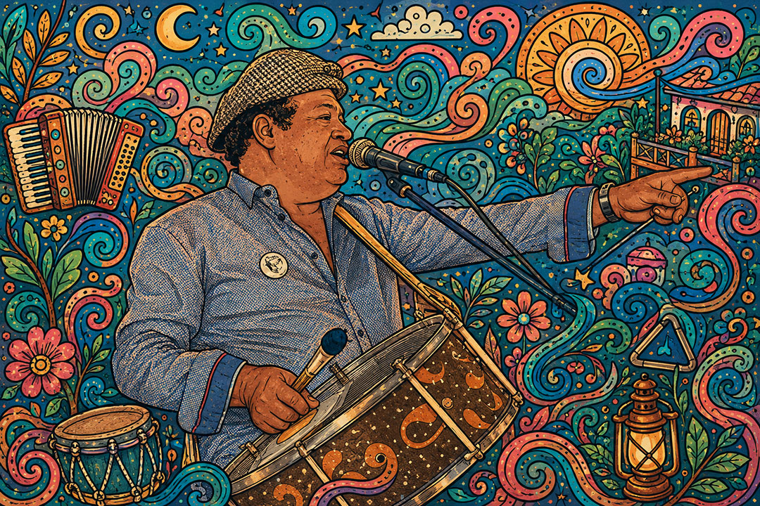 Ilustração de Dió de Araújo cantando ao microfone e tocando zabumba, de boina e camisa azul, apontando para o lado, cercado por sanfona, triângulo, lampião e flores em estilo colorido
