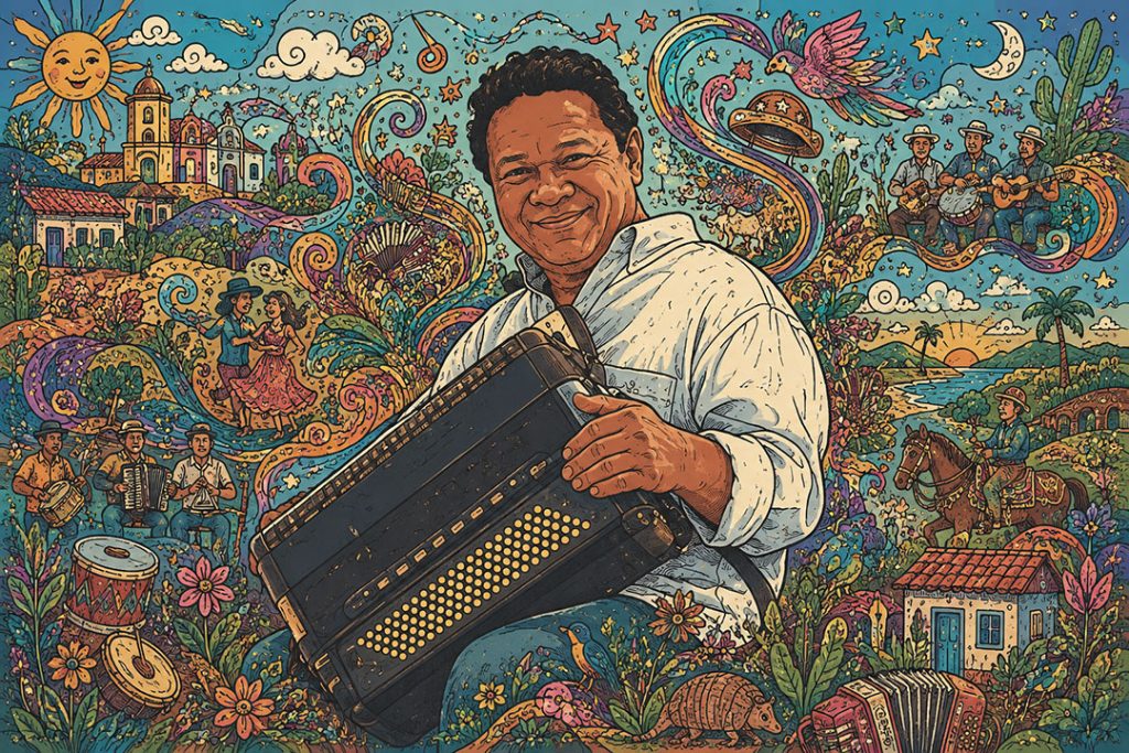 Dominguinhos toca sanfona em ilustração inspirada na cultura nordestina