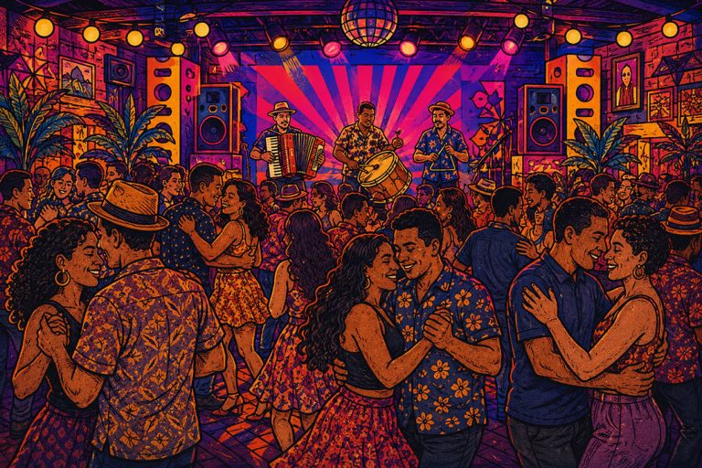 Ilustração de pessoas dançando forró em um baile