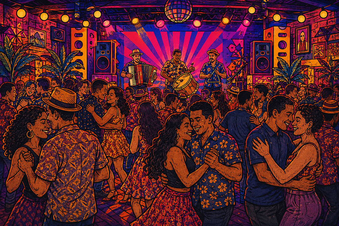 Ilustração de pessoas dançando forró em um baile