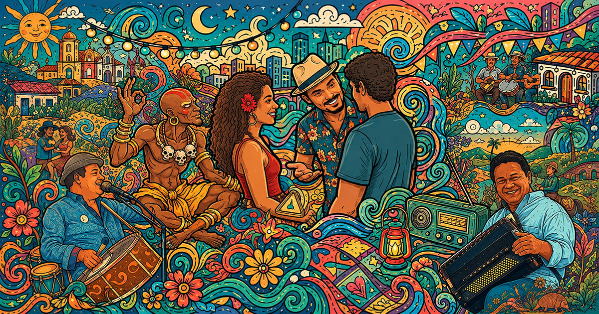 Ilustração vibrante de um baile de forró, com casal conversando ao centro cercado por músicos tocando sanfona, zabumba e triângulo, dançarinos ao fundo e elementos da cultura nordestina como lua, sol e bandeirinhas